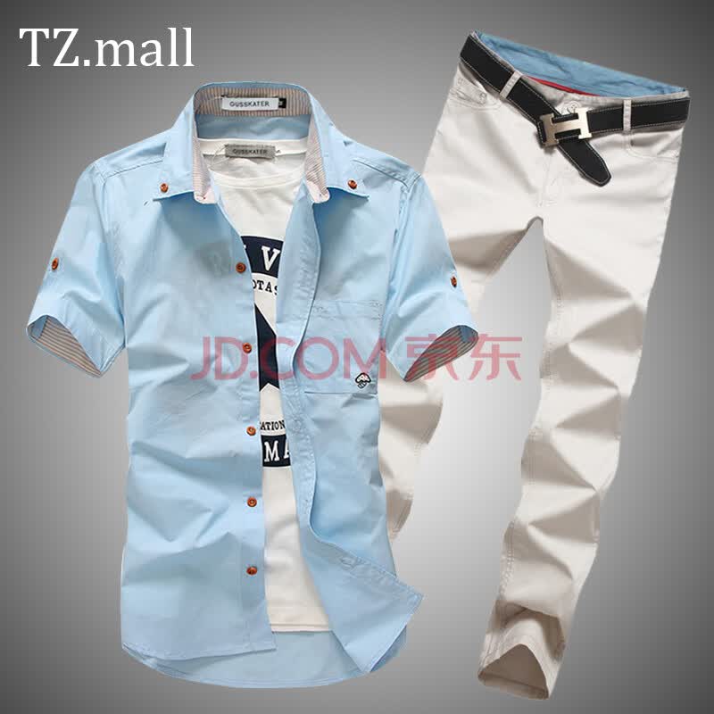 TZ.mall 2014新款<em>男装</em>短袖衬衫+休闲裤套装 男