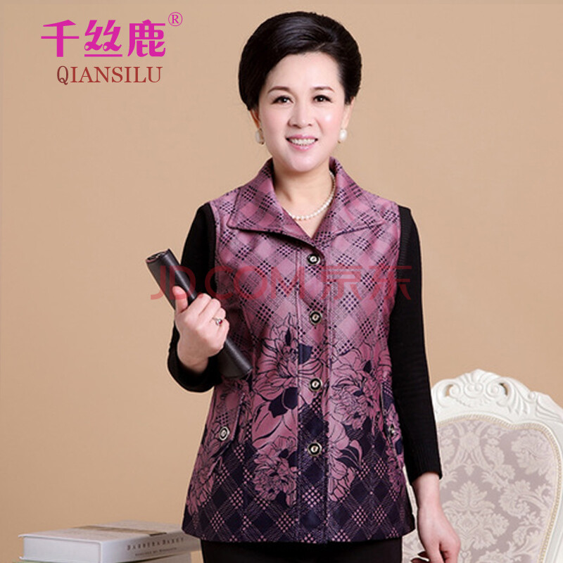 千丝<em>鹿</em>2014<em>中老年</em>格子<em>马甲</em>女休闲大码春秋款