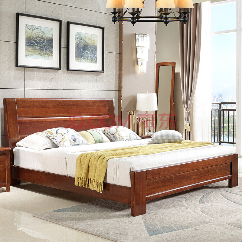 胡桃木床实木床现代中式1.8米双人床卧室家具大床 床