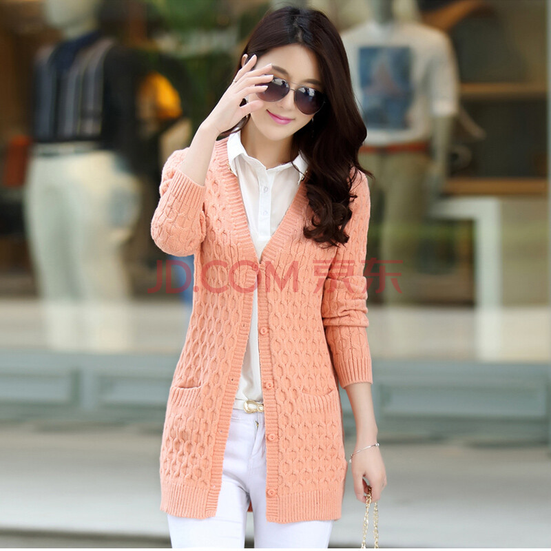 韩妮丽秋韩版宽松麻花中长款针织<em>开衫毛衣</em>外套