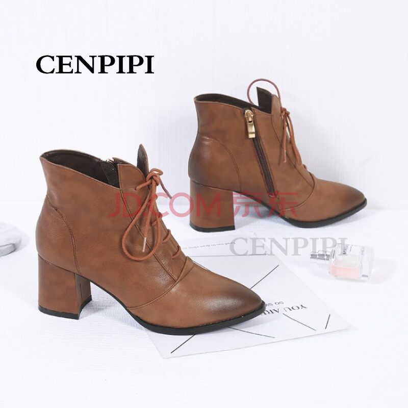 CENPIPI品牌2018秋冬新品復古做舊中粗跟尖頭小短靴時尚綁帶顯瘦黃色馬丁靴女 淺棕色 36