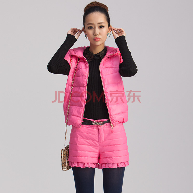 <em>韩版</em>修身<em>时尚</em>连帽短款<em>羽绒服马甲</em> 玫瑰红色 S