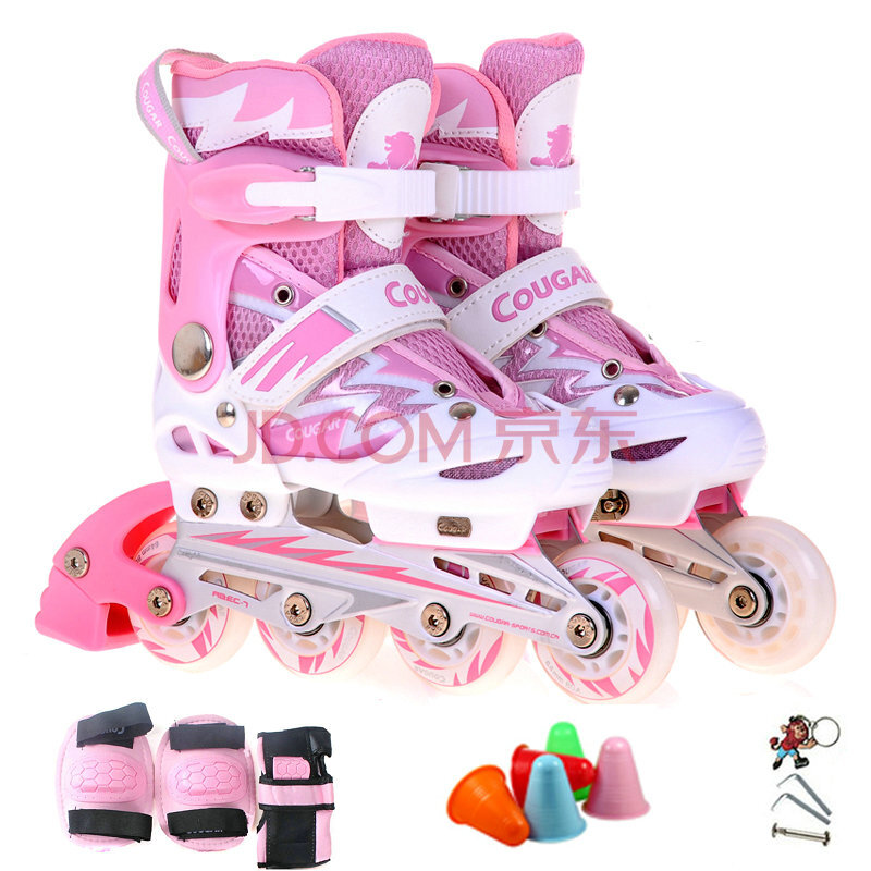 人可调直排轮滑鞋 儿童溜冰鞋套装 粉白鞋+护