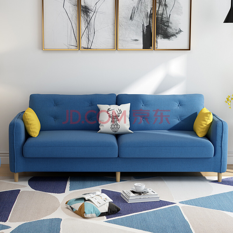 北欧布艺沙发客厅小户型现代简约三人位实木脚组合沙发kfl-808 深蓝色