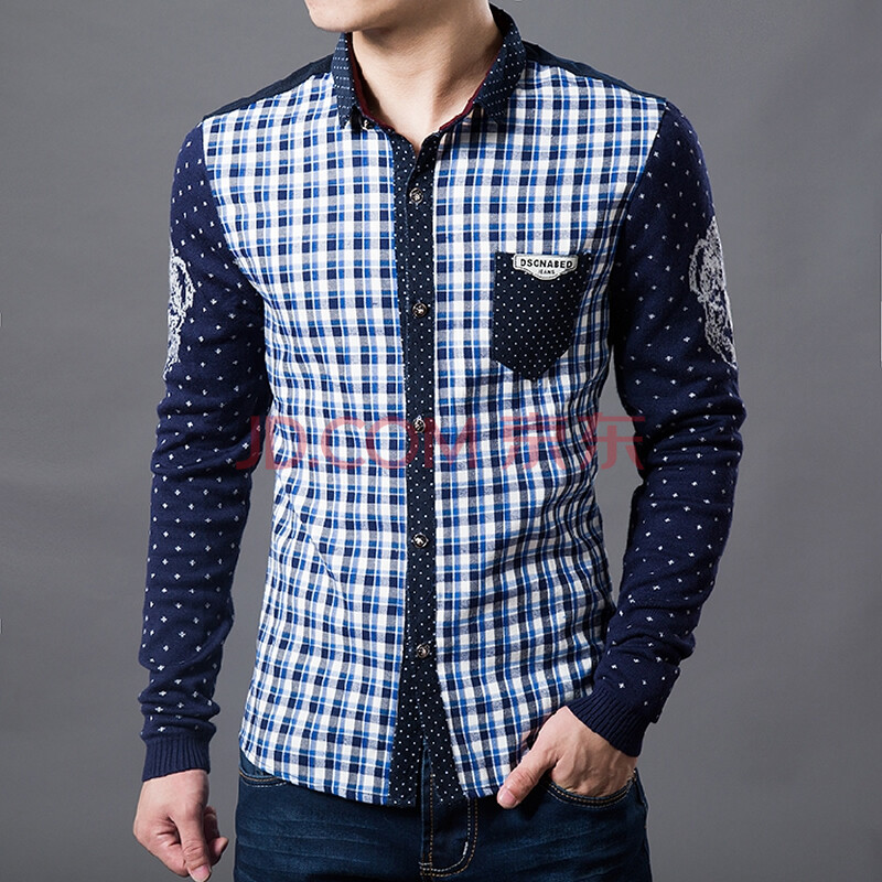 A8p65 韩版时尚格子拼接针织袖长袖衬衫 蓝格