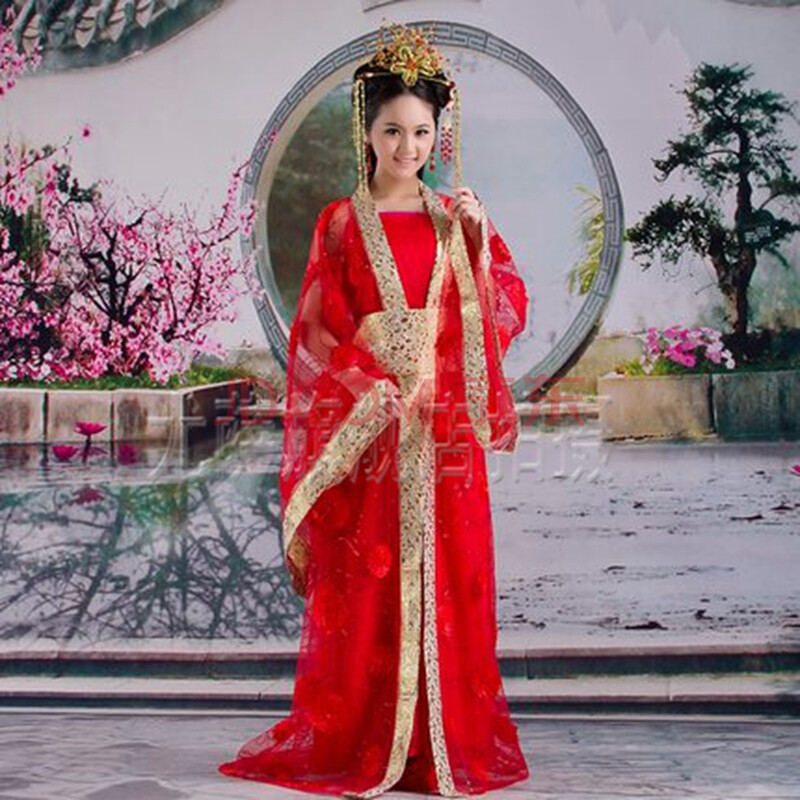 影视仙女喜服拖尾改良齐胸 古代服装 唐装汉服 新娘贵妃服装 红色图片