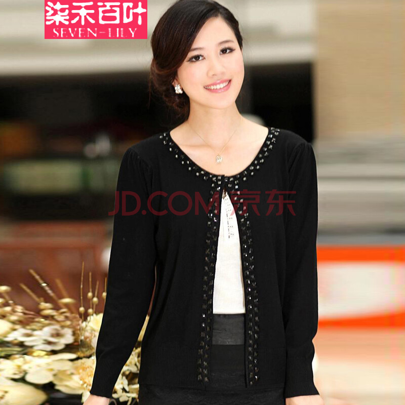 柒禾百叶 圆领手工<em>钉珠</em>针织<em>开衫</em>外套<em>女</em> <em>黑色</em> 偏