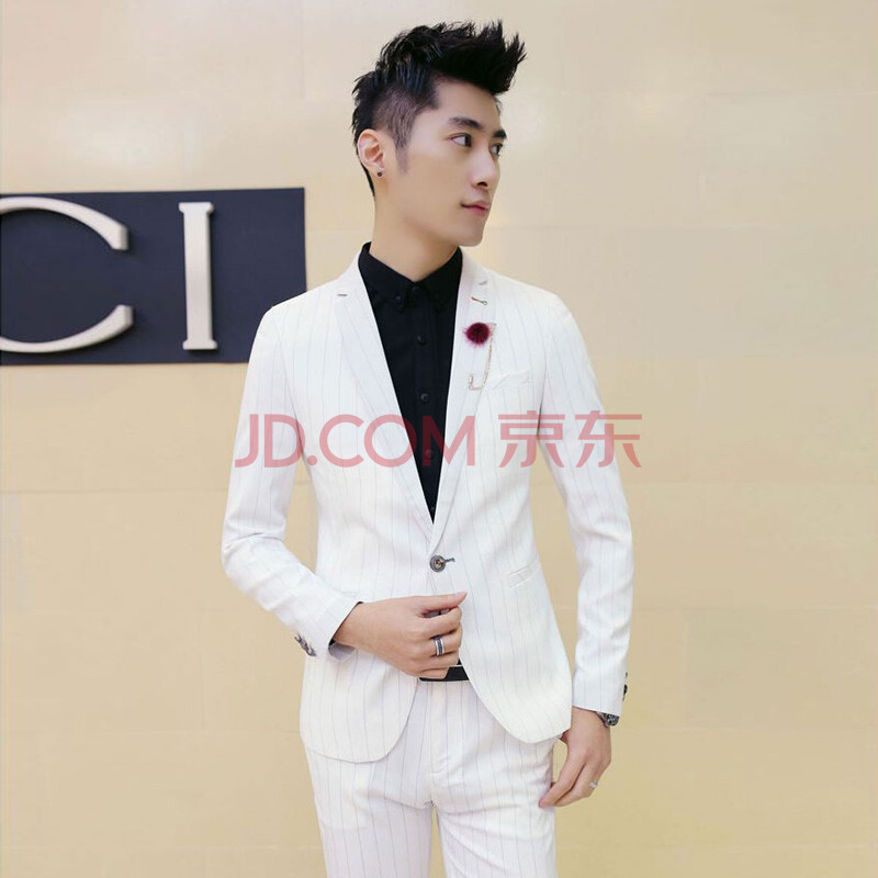 春装新款西服两件套韩版修身时尚发型师小西装潮男条纹西服二件套c411
