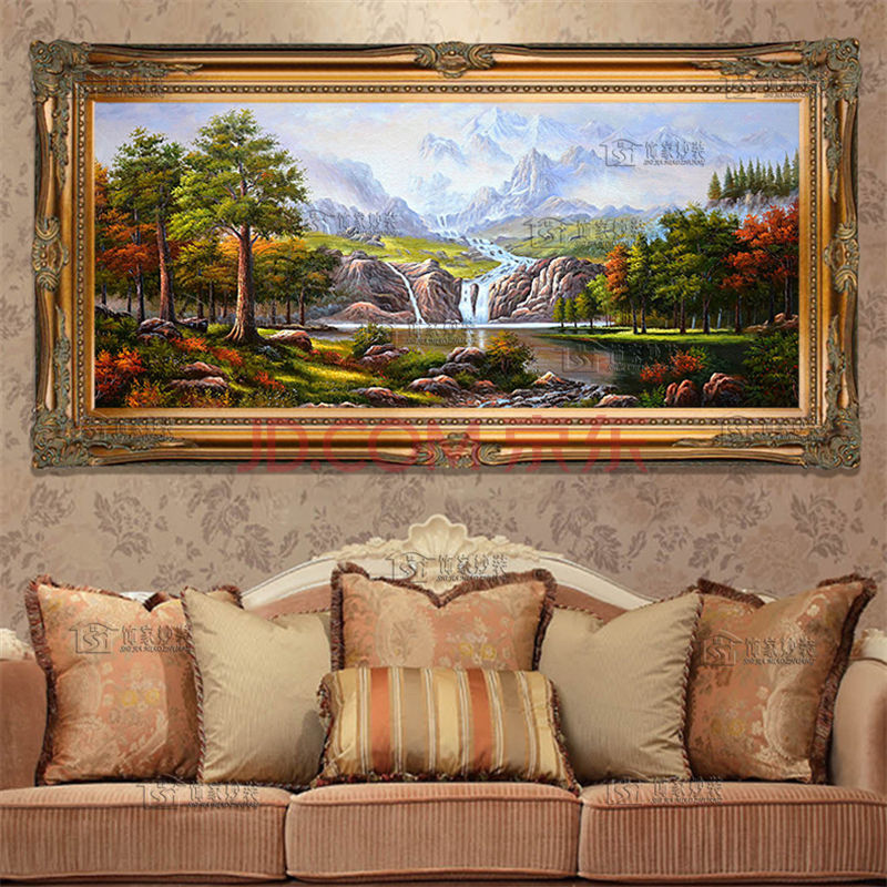 简约欧式别墅客厅沙发背景墙挂画有框画装饰画高山流水聚宝盆古典山水