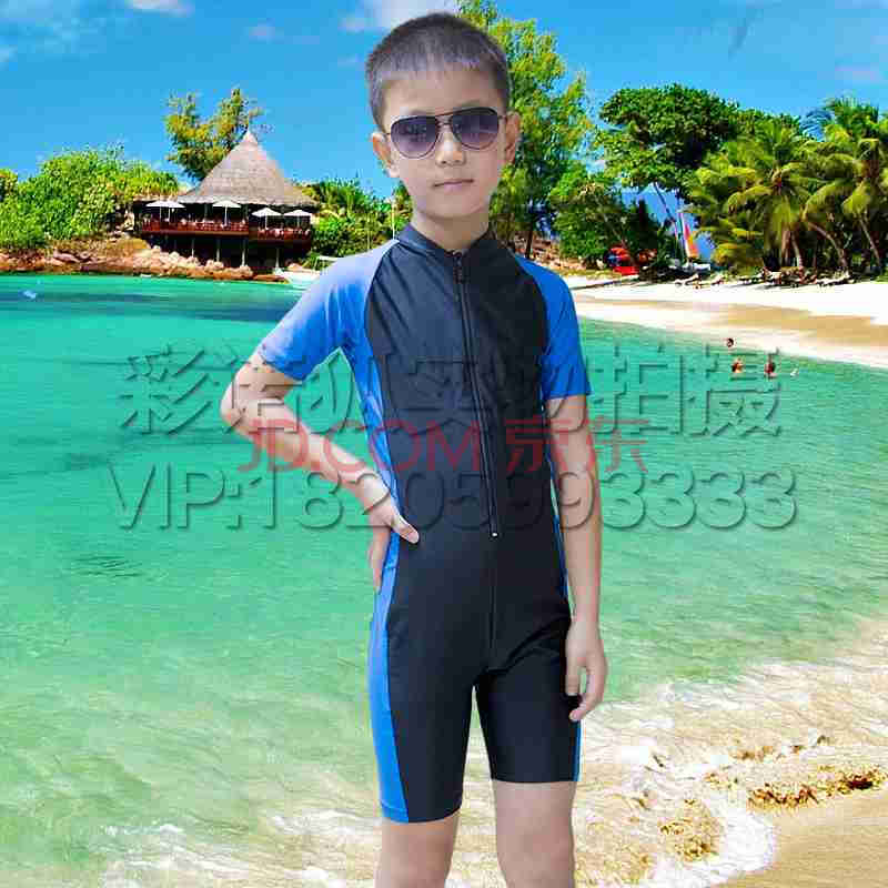 夏季短袖儿童连体衣 潜水衣游泳衣装备 冲浪帆板帆船泳衣 1012蓝拼黑