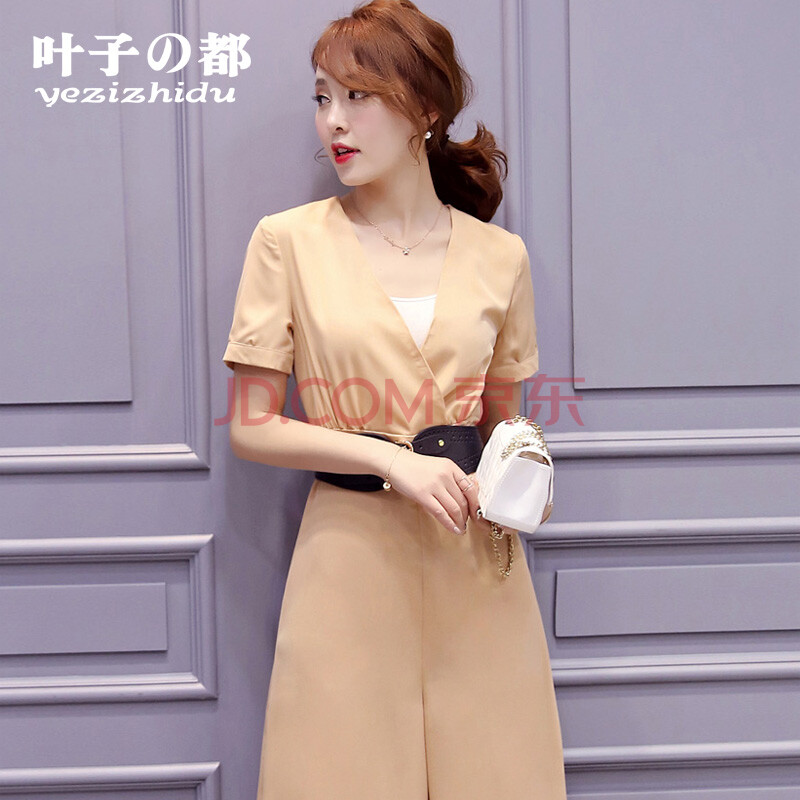 2016新款女装夏装潮两件套韩版v领上衣阔腿裤长裤休闲时尚套装女 米