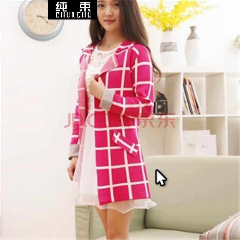 纯束 2014秋宽松<em>中长款格子开衫</em>女<em>针织</em>衫毛衣