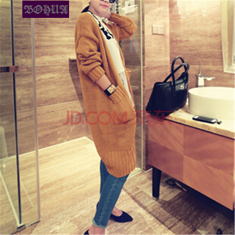 2014韩版简约大口袋超<em>长款</em>粗棒针针织<em>毛衣开</em>