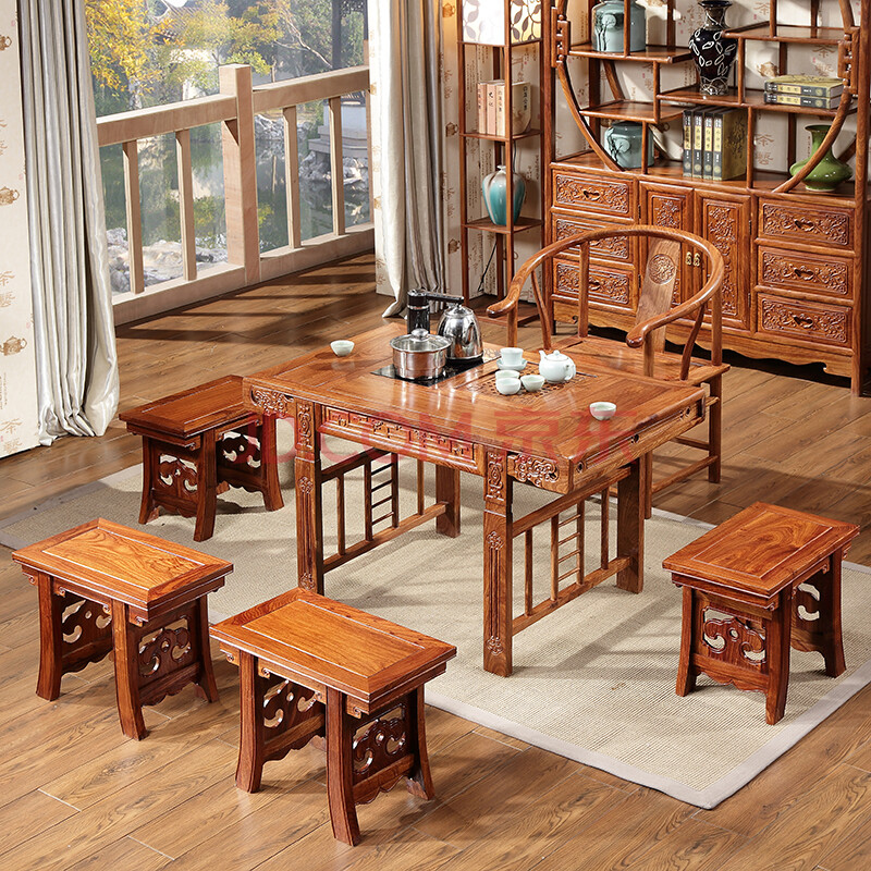 茶桌中式实木茶几桌仿古客厅家具原木茶桌椅组合 一桌四将军板凳 圈椅