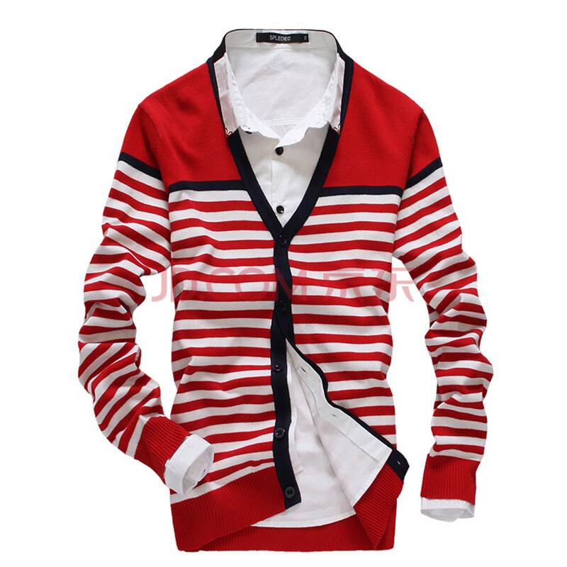 2014秋款韩版<em>条纹</em>修身<em>针织衫开衫男</em> <em>红色</em> XX