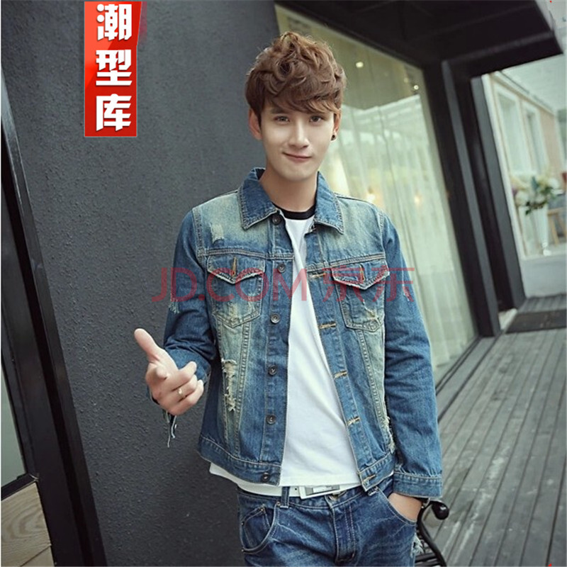 潮型库soinku货到付款潮潮男式<em>牛仔</em>夹克男生磨