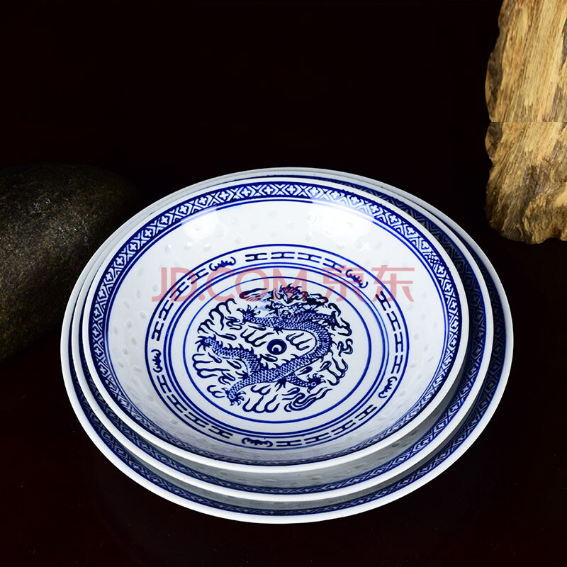 景德镇传统手工艺青花玲珑瓷菜盘汤盘 老式青花玲珑青龙盘 8.2英寸