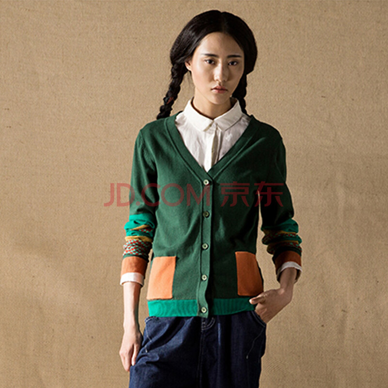 <em>茵曼</em> 2014秋装新款纯棉民族织花拼接V领长袖