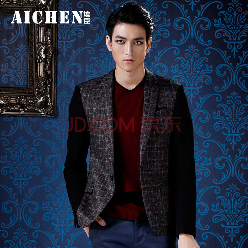 埃臣AICHEN <em>秋装</em>新品<em>男土</em>休闲西服男修身格子