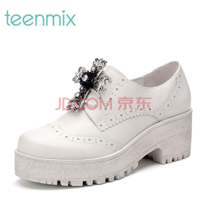 Teenmix/天美意春季牛皮女單鞋圣冠十字6JP53AM7 米色 37