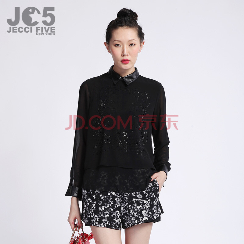 JC5杰西伍秋冬新款雪纺PU拼接复古烫钻图案