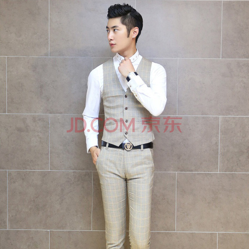 丹杰仕 精品男士潮男春装细<em>格子</em>无袖<em>马甲</em>西裤