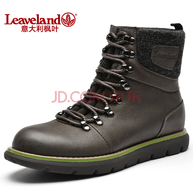 11大促意大利枫叶(leaveland)加绒保暖棉鞋真皮户外工装靴高帮鞋男图片