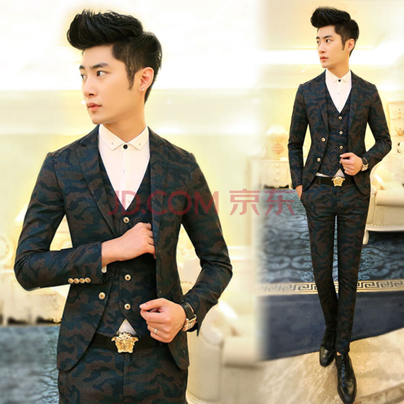 务正装 结婚订婚新郎伴郎服 新款韩版<em>迷彩</em>修身