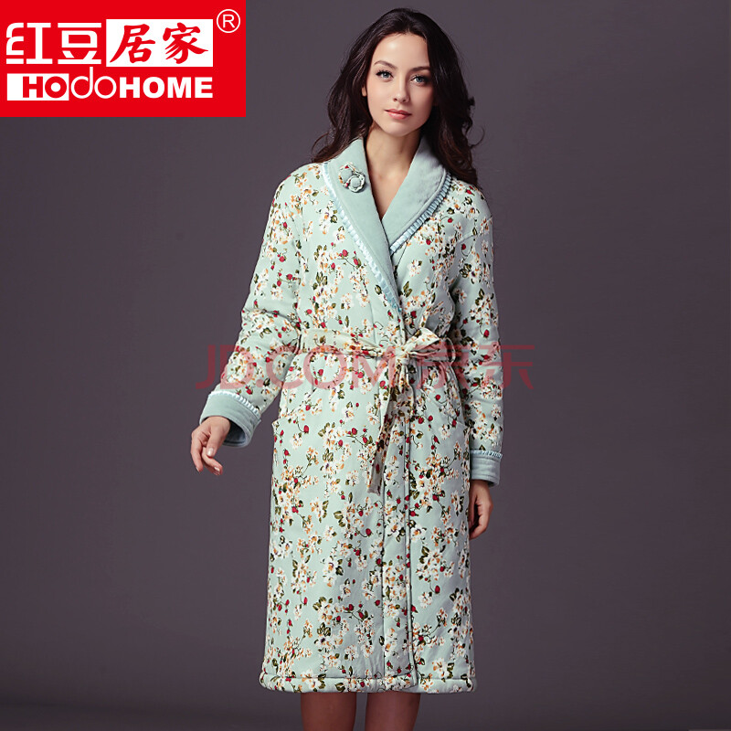 豆居家女士冬季高贵花朵珊瑚绒夹棉加厚<em>睡袍</em>浴