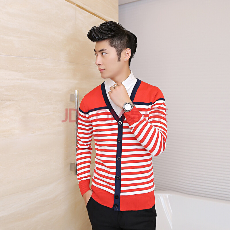 保云舒士顿 男士秋装韩版修身<em>针织衫</em> 时尚<em>条纹</em>