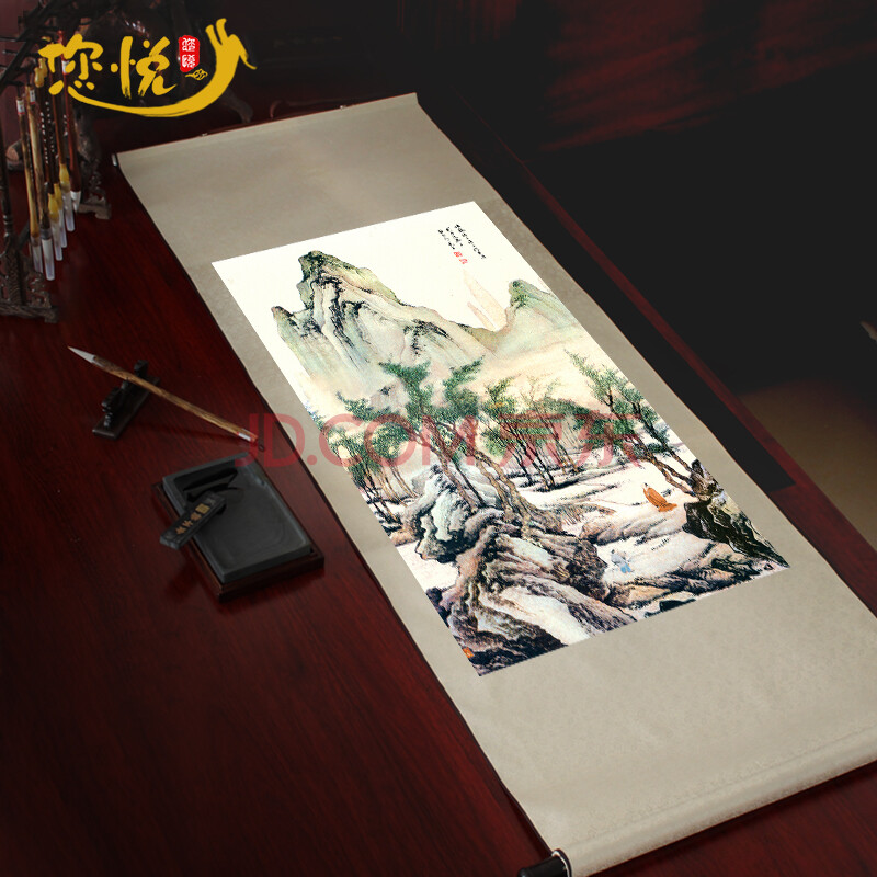国画唐伯虎山水画古代名画 办公室客厅竖版复古装饰画丝绸卷轴画