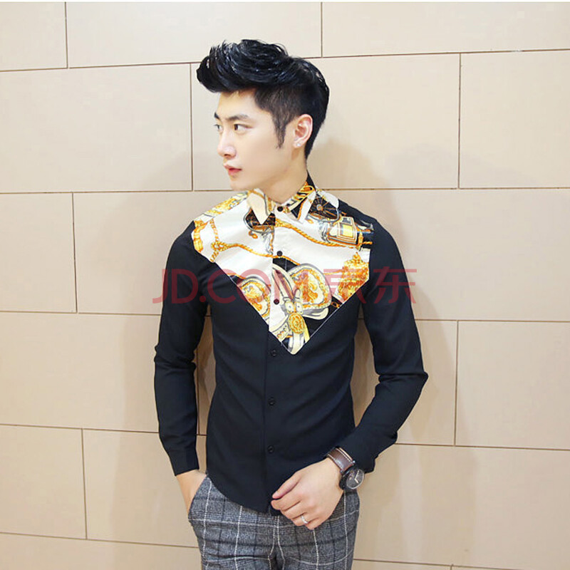 博绅·桑德 秋季新款时尚<em>男士</em>衬衫黑白拼接车