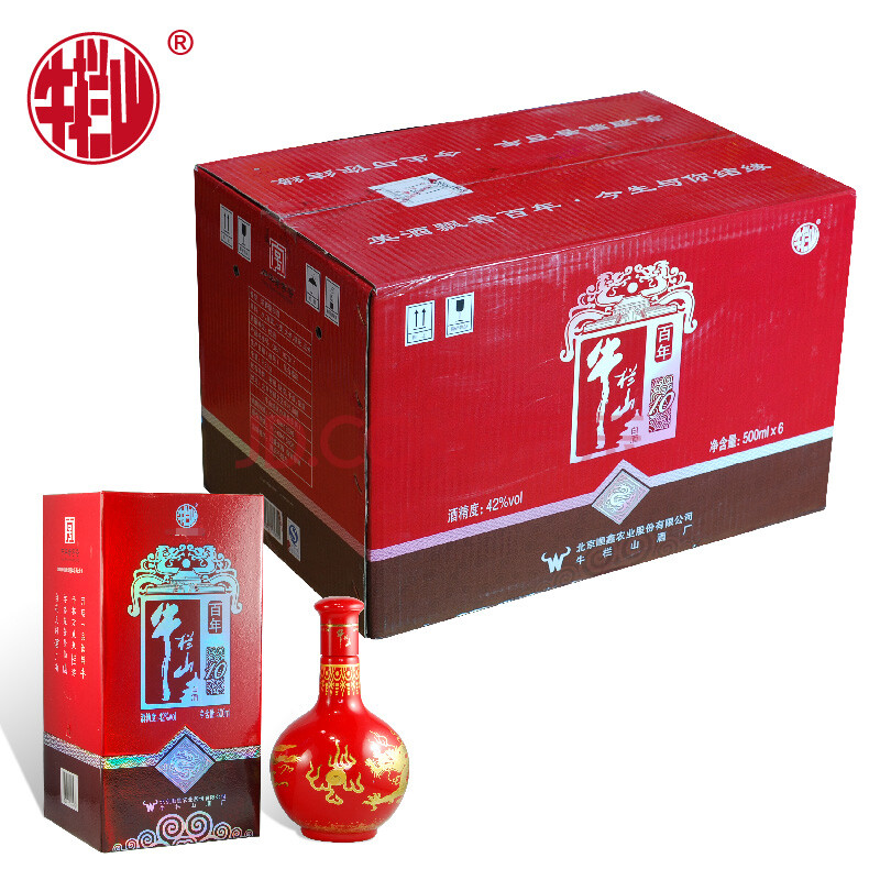 42度 百年牛栏山红10年 浓香型 500ml*6瓶 箱装配仨袋