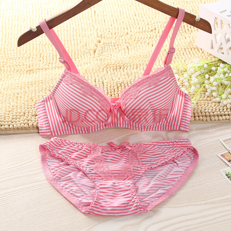 2014新款少女文胸内裤套装 条纹印花蕾丝学生