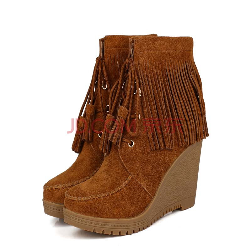 叶秋冬真皮坡跟流苏靴磨砂短靴女高跟英伦流苏靴子磨砂皮女靴 棕色 38