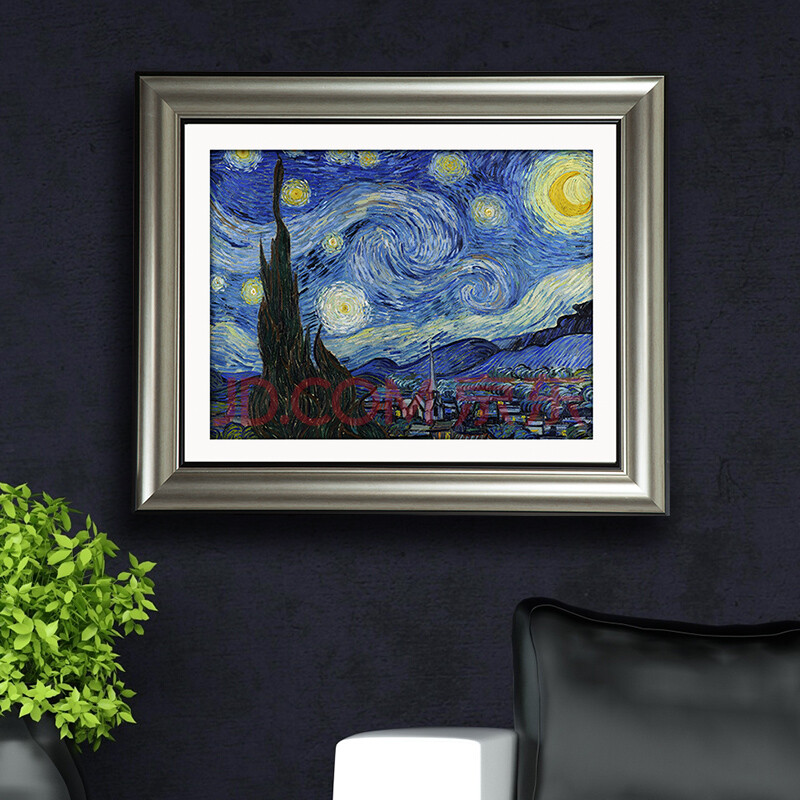 有框画餐厅玄关壁画挂画墙画大师名作梵高油画非手绘 梵高作品-星月夜
