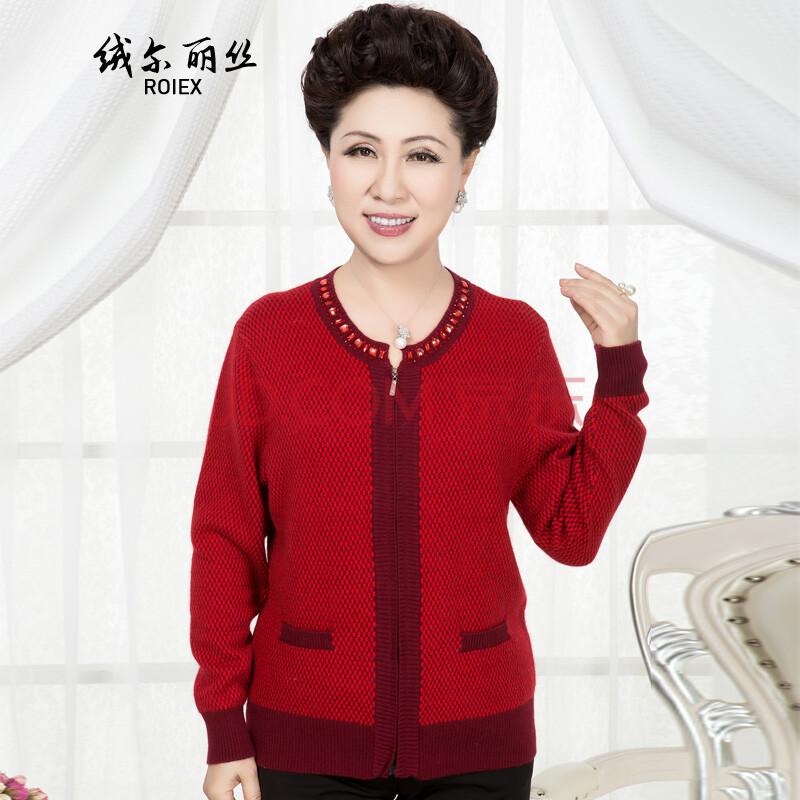 中老年女装妈妈装羊绒毛衣 拉链开衫毛衣外套 红色 l-100