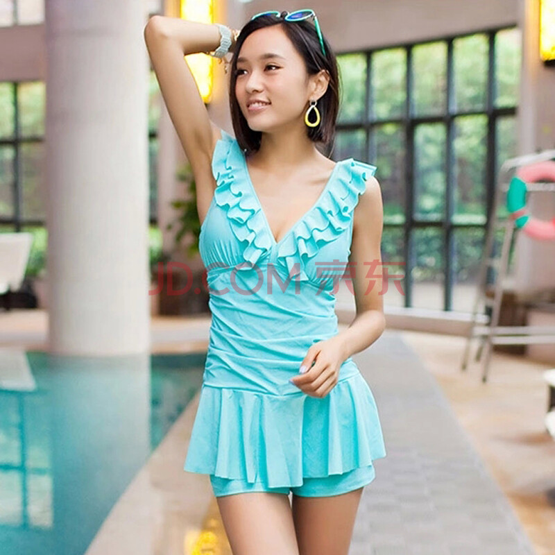 三奇游泳衣女士连体裙式平角 性感小胸聚拢显瘦遮肚温泉保守泳装 湖