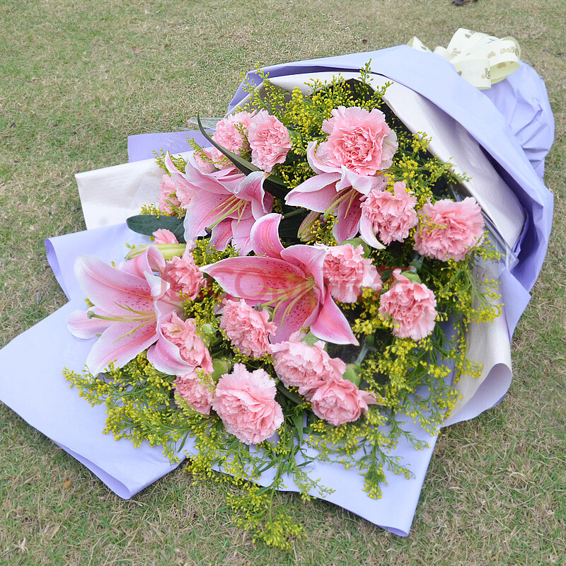 康乃馨鲜花 混搭百合花束【送长辈生日鲜花】康乃馨鲜花礼盒 鲜花速递
