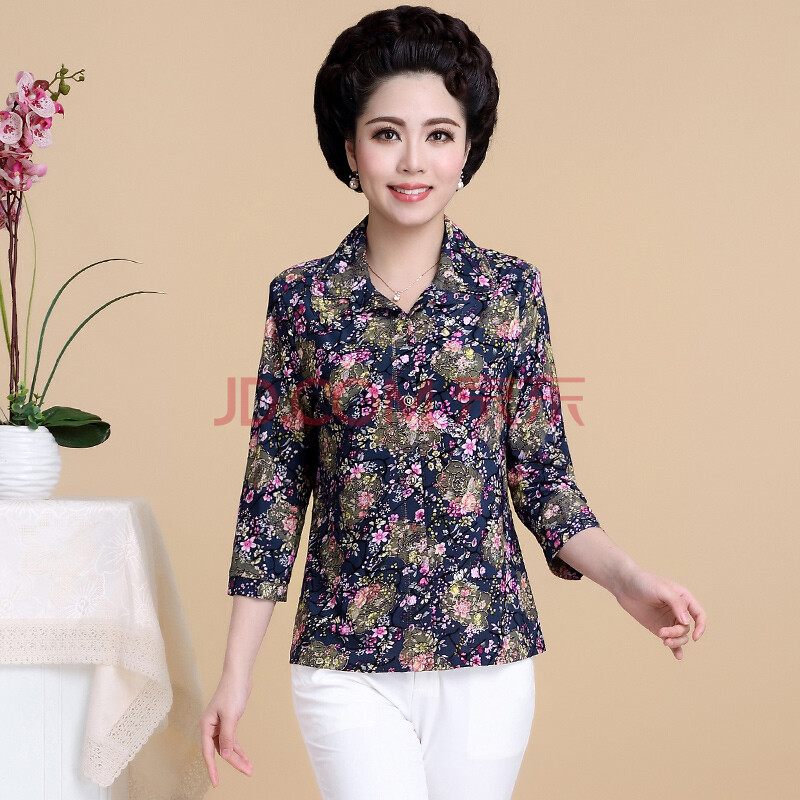 中年妇女妈妈装夏装新款上衣长袖t恤大码奶奶装衣服40-50岁老年人的