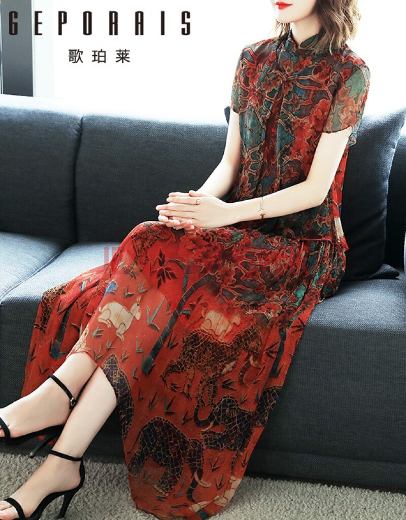 歌珀莱品牌女装真丝连衣裙桑蚕丝2020年夏季新款女短袖中国风复古碎花