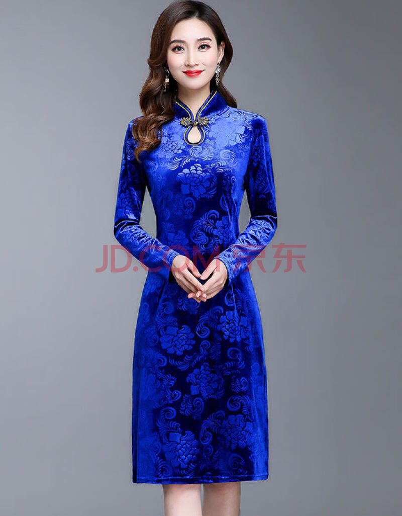 新款长袖中长款连衣裙2020时尚大码民族风旗袍连衣裙女 蓝色-祺袍裙夏