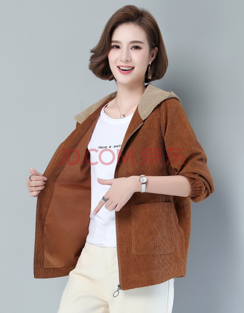 休闲连帽时尚灯芯绒外套女短款2020秋季新款春秋女士上衣中年女装妈妈