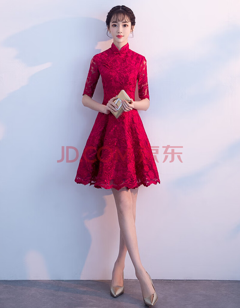 新娘妆礼服 敬酒服新娘旗袍新款红色短款中式显瘦结婚回门礼服裙女秋