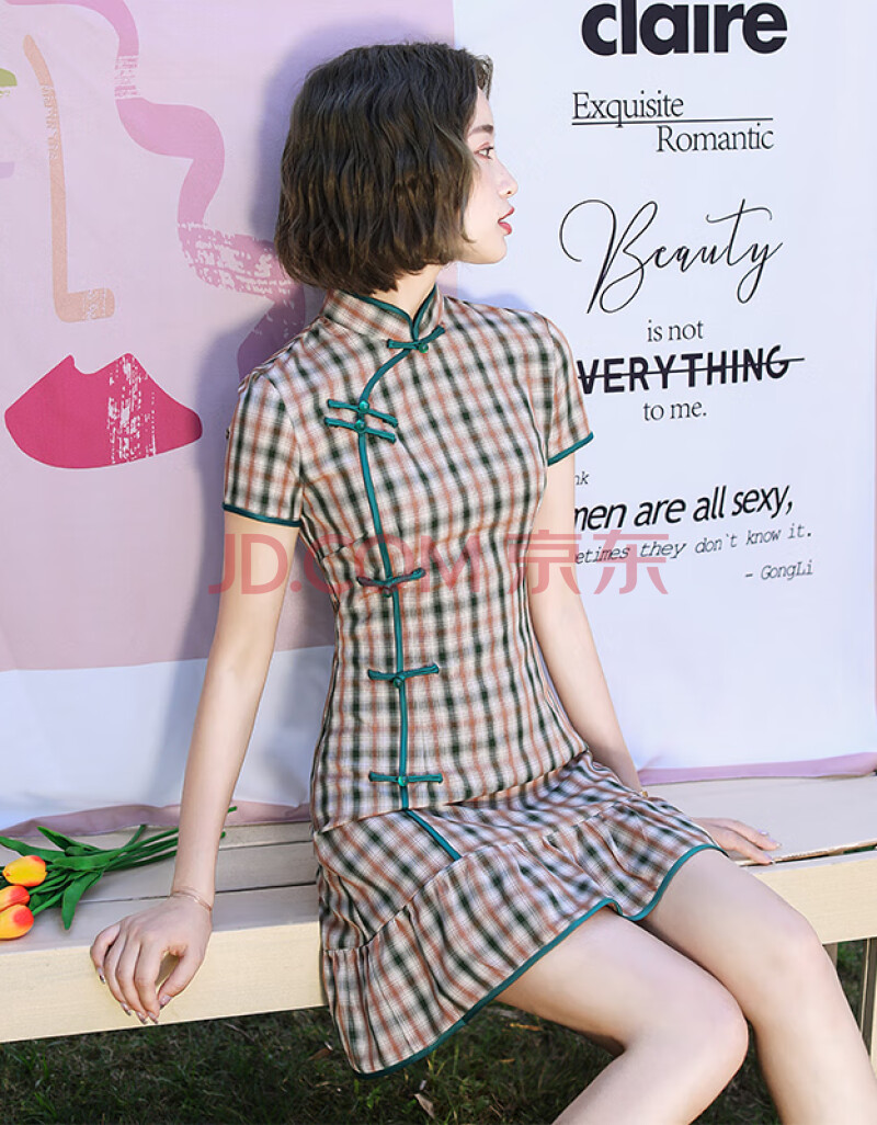 南糖三色格子裙改良版旗袍鱼尾短款小个子少女年轻款复古新款连衣裙女