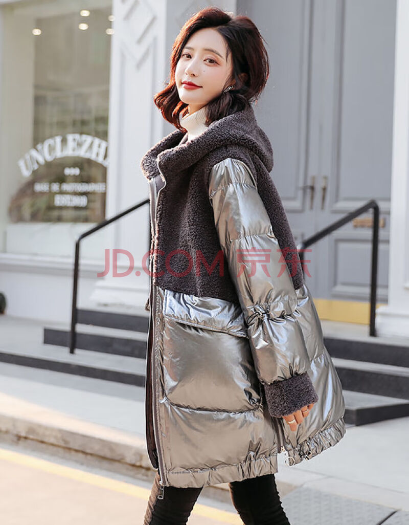 皮尔卡丹羽绒派克服女雾霾蓝女中长款2021新款亮面衣羊羔毛拼接宽松冬