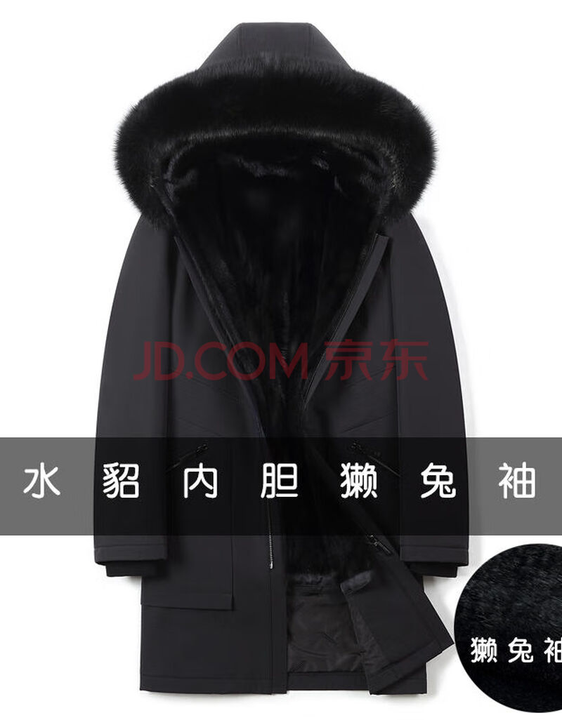 新款整貂十字貂派克服男水貂皮草大衣尼狐狸领皮毛一体男 黑色水貂