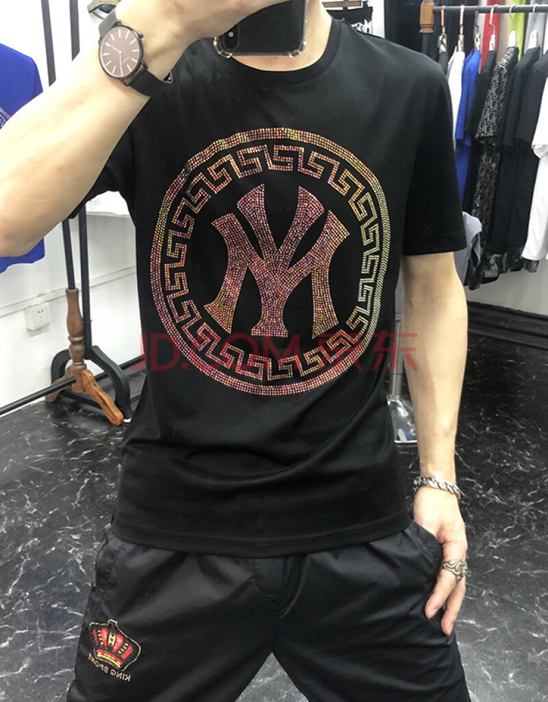 香港潮牌2021春夏酷奇潮流大码 丝光棉短袖t恤男my烫钻半袖体恤衫衣服
