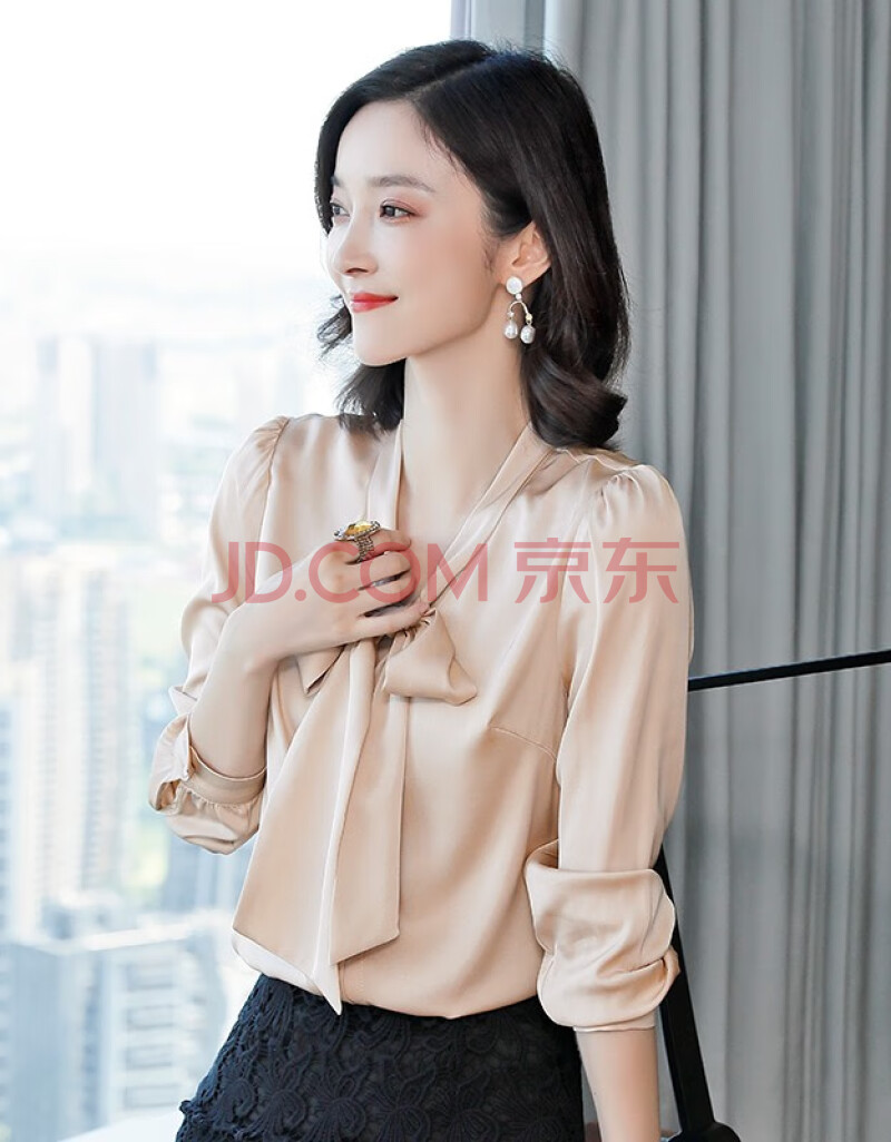 春夏季新款纯色长袖真丝衬衫女宽松蝴蝶结桑蚕丝上衣女衬衣 香槟色 xl