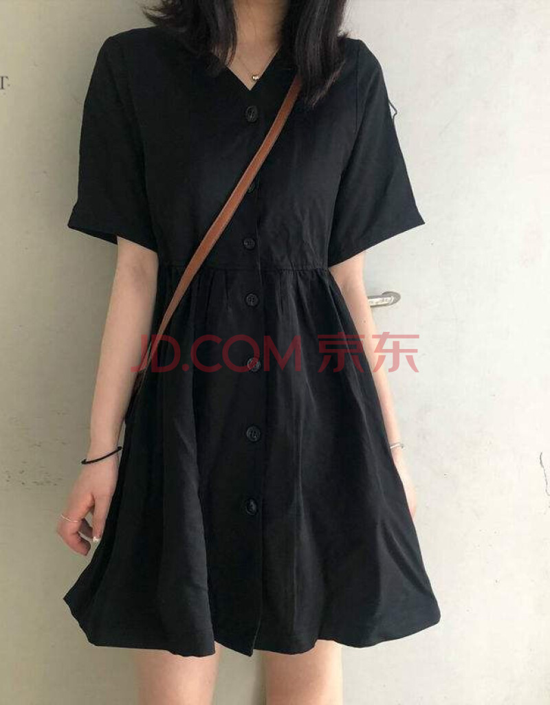 连衣裙子女学生2021夏装新款韩版宽松学院风a字中长裙赫本小黑裙 黑色